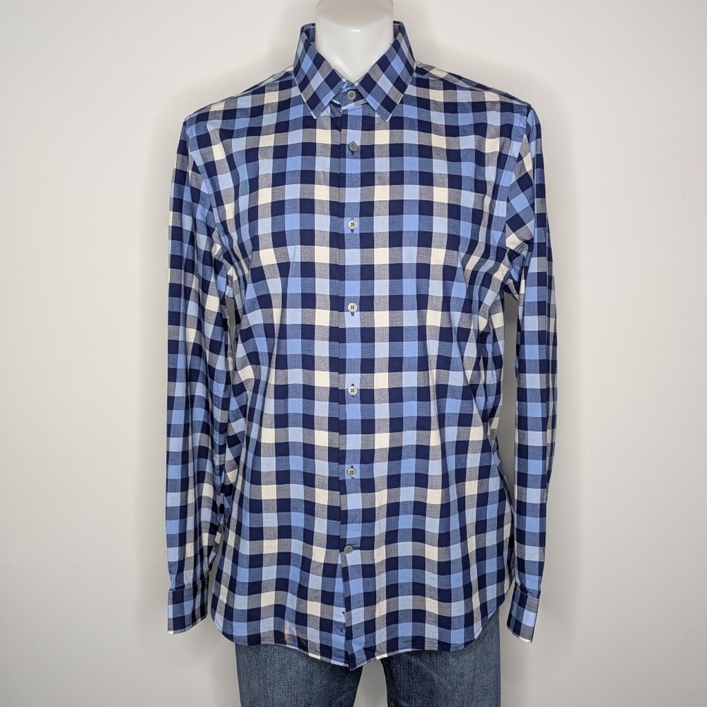 Express Classic Blue White Plaid Striped Long Sleeve Cotton Button Up L